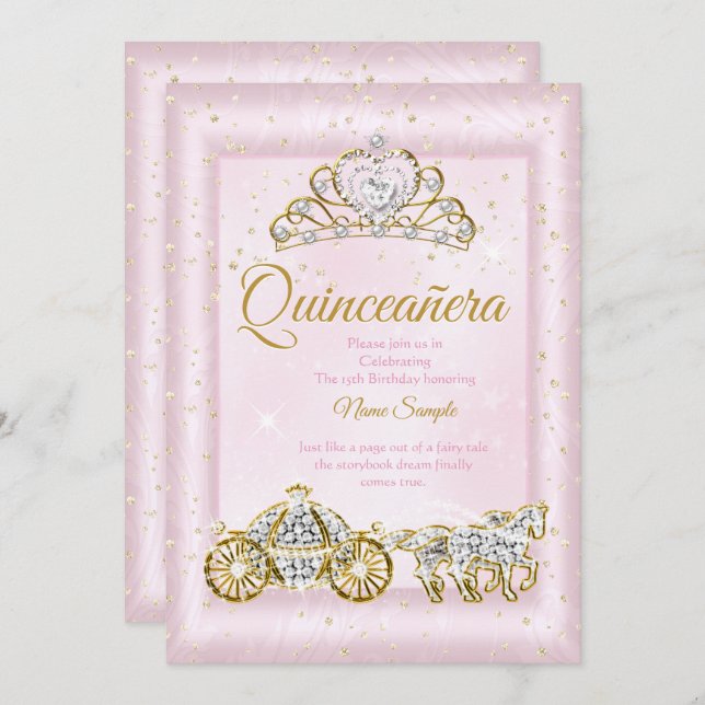 Invitation Quinceanera Cinderella Blush Rose Carrières (Devant / Derrière)