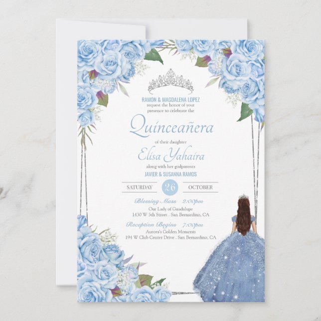 Invitation Quinceanera Cinderella Princess Blue Rose Annivers (Devant)