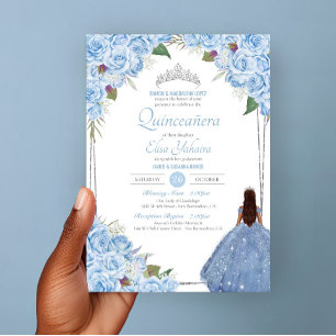 Invitation Quinceanera Cinderella Princess Blue Rose Annivers