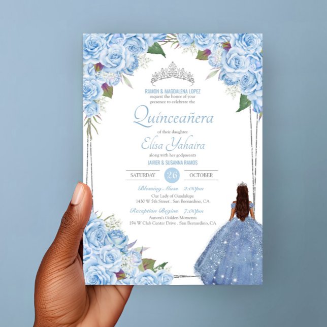 Invitation Quinceanera Cinderella Princess Blue Rose Annivers (Créateur téléchargé)