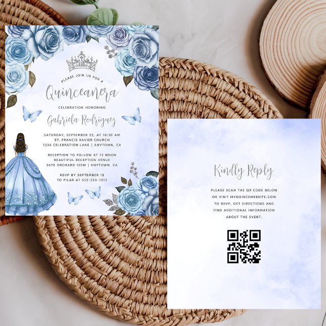 Invitation Quinceañera Code QR Floral Bleu Budget (Créateur téléchargé)