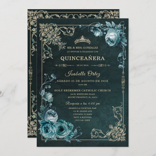Invitation Quinceañera Color Esmeralda y oro (Devant / Derrière)