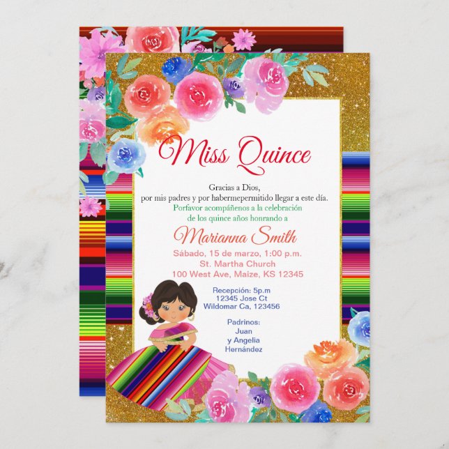 Invitation Quinceanera colorée Floral Mexicaine Miss Quince  (Devant / Derrière)