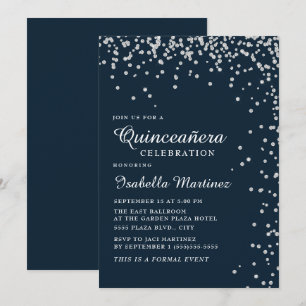 Invitation Quinceañera Confetti Diamant Bleu Marine Argent