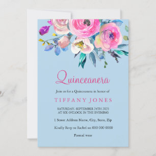 Invitation Quinceanera couleur bleu et rose