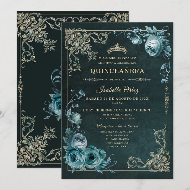 Invitation Quinceañera couleur émeraude et or (Devant / Derrière)