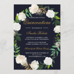Invitation Quinceanera Couronne Aquarelle Or Marin