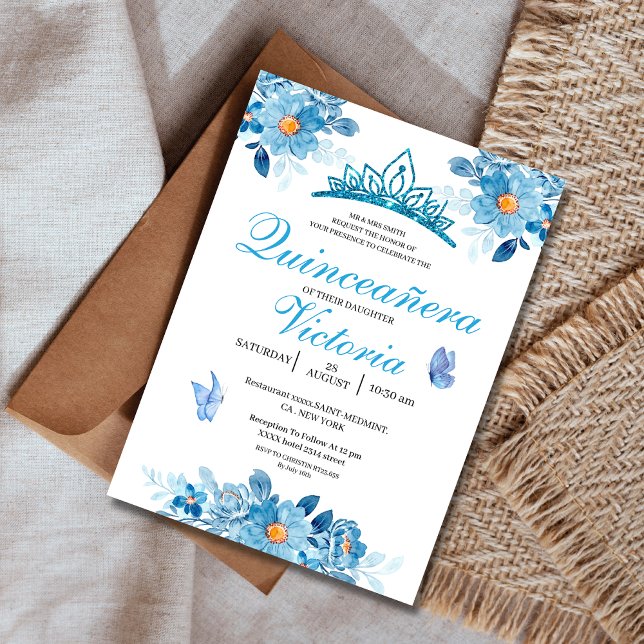 Invitation Quinceañera couronne Baby Blue Floral Papillons (Créateur téléchargé)