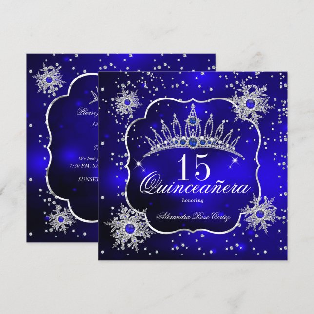 Invitation Quinceanera Couronne de flocons de neige bleu roya (Devant / Derrière)