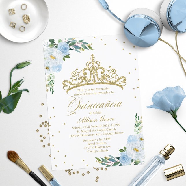 Invitation Quinceanera Couronne espagnole Or Bleu  (Créateur téléchargé)