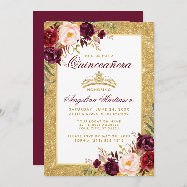 Invitation Quinceanera Couronne Floral Bourgogne Parties scin (Devant / Derrière)
