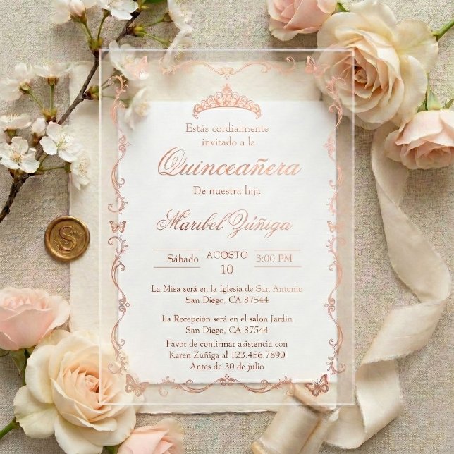 Invitation Quinceañera Couronne papillon rose or (Créateur téléchargé)