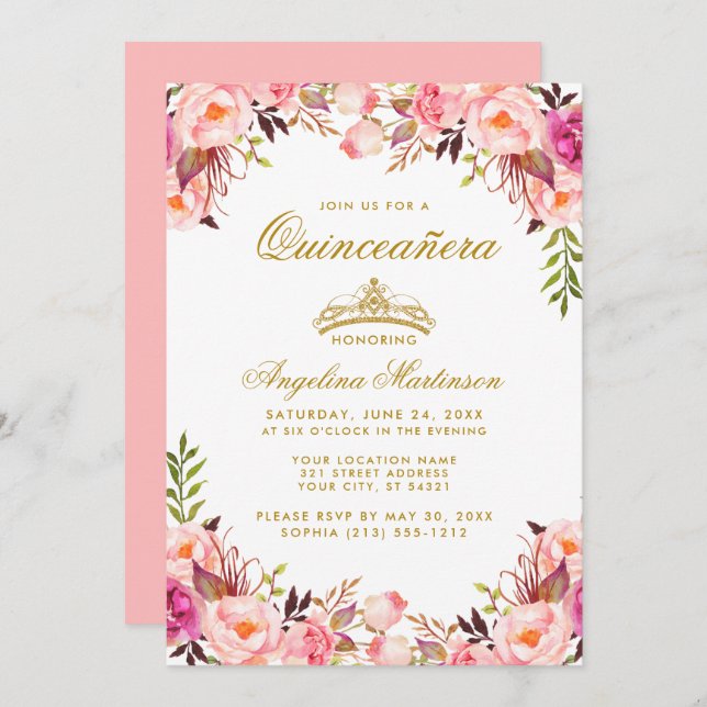 Invitation Quinceanera Couronne rose Blush or floral (Devant / Derrière)