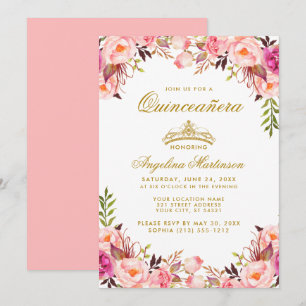 Invitation Quinceanera Couronne rose Blush or floral