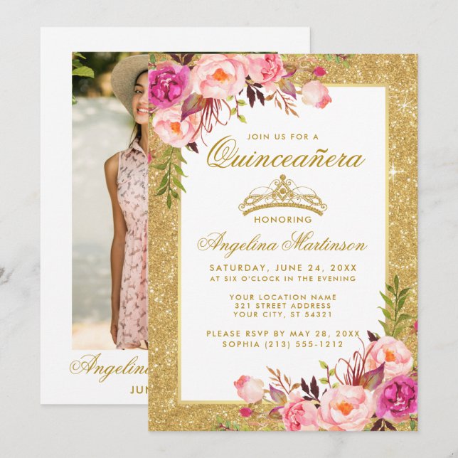 Invitation Quinceanera Couronne rose Floral Parties scintilla (Devant / Derrière)