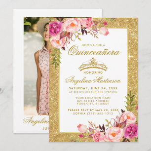 Invitation Quinceanera Couronne rose Floral Parties scintilla
