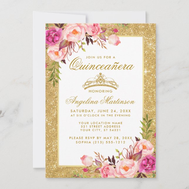 Invitation Quinceanera Couronne rose Parties scintillant d'or (Devant)