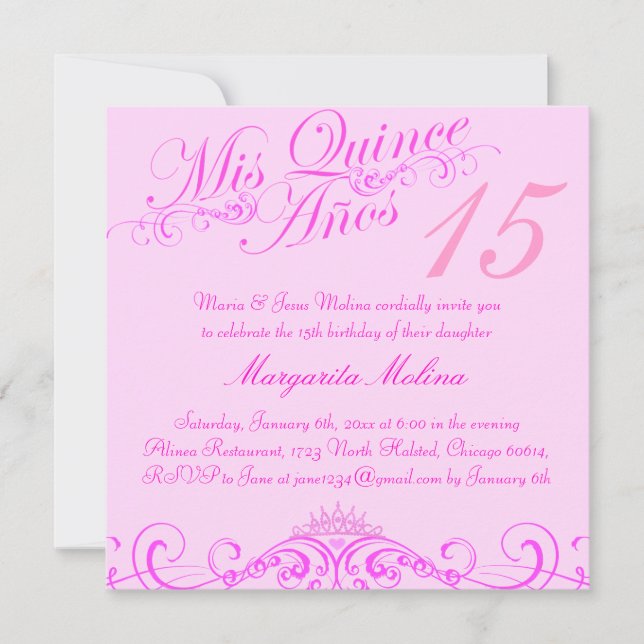 Invitation Quinceanera Couronne Rose Princesse (Devant)