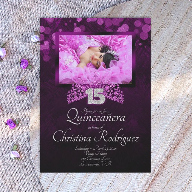 Invitation Quinceañera Couronne Rose Violet (royal purple quinceanera invitations, silver 15)