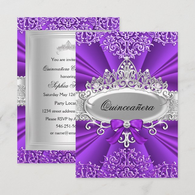 Invitation Quinceañera Couronne Violette & Damassé (Devant / Derrière)