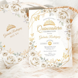Invitation Quinceanera Crème d'or ivoire Florale