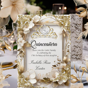 Invitation Quinceanera Crème Floral Or Blanc Tiara Party