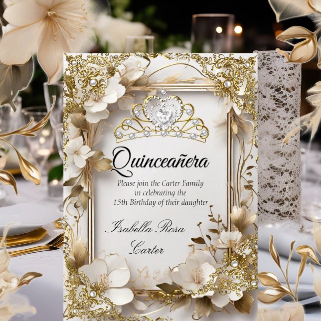 Invitation Quinceanera Crème Floral Or Blanc Tiara Party (Créateur téléchargé)