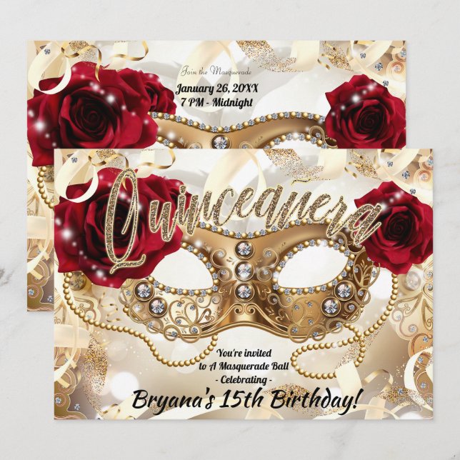 Invitation Quinceañera Crème Quince Or Bal Masqué (Devant / Derrière)