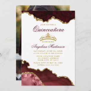 Invitation Quinceanera Crown Burgundy Gold Marble Photo