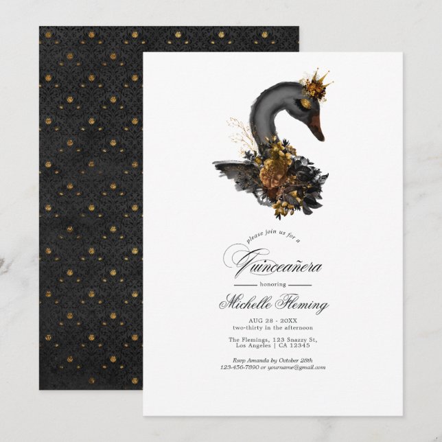 Invitation Quinceañera Cygne Noir (Devant / Derrière)