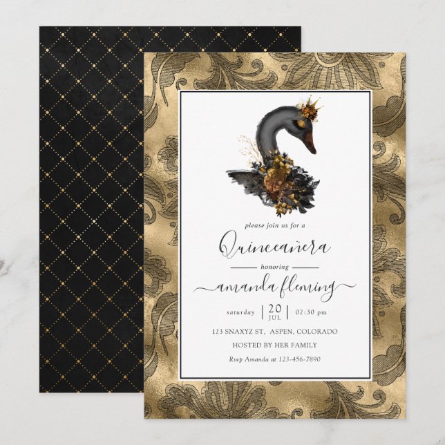 Invitation Quinceañera Cygne Noir (Devant / Derrière)