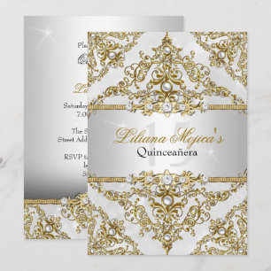 Invitation Quinceanera Damask Perle Argent & Or