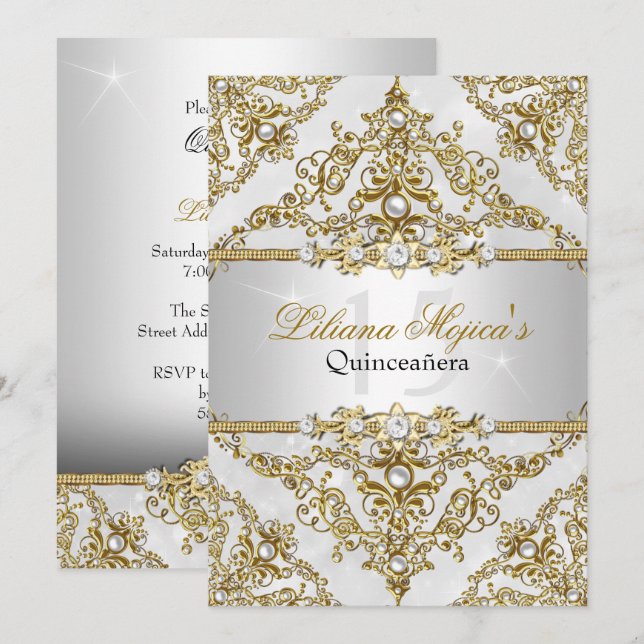 Invitation Quinceanera Damask Perle Argent & Or (Devant / Derrière)
