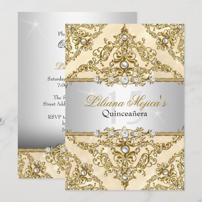 Invitation Quinceanera Damask Perle Or (Devant / Derrière)