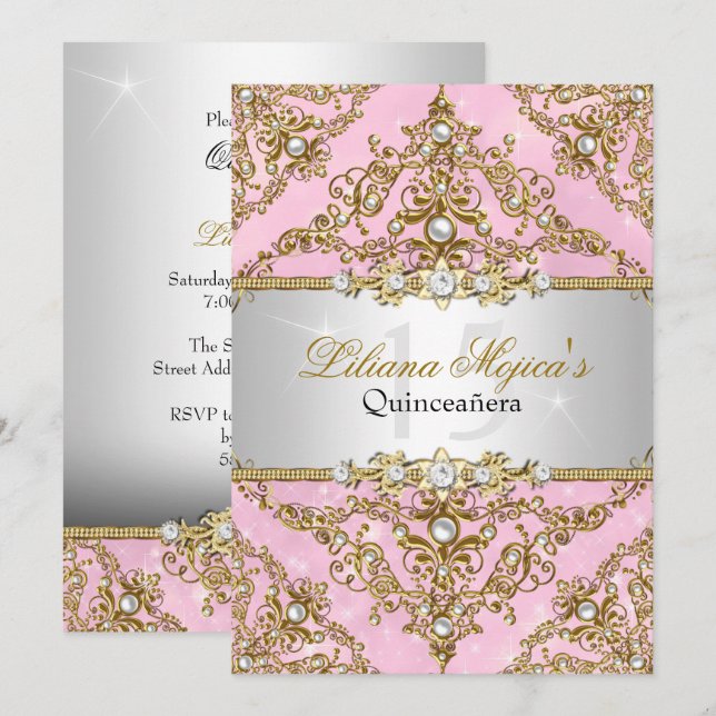 Invitation Quinceanera Damask Perle Or et Rose (Devant / Derrière)