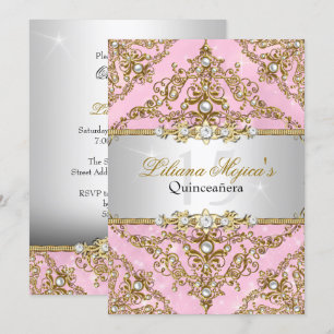 Invitation Quinceanera Damask Perle Or et Rose