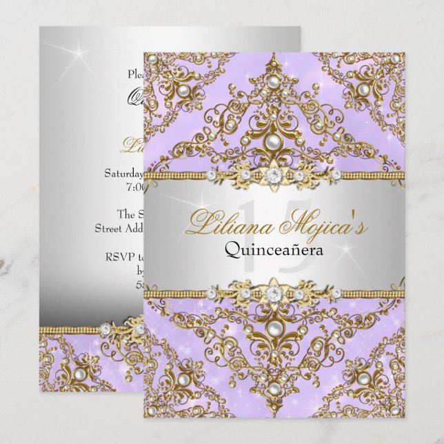 Invitation Quinceanera Damask Perle & Violet (Devant / Derrière)