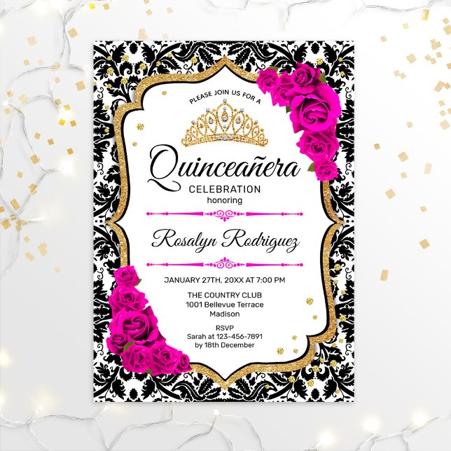 Invitation Quinceanera - Damask Pink Gold (Créateur téléchargé)