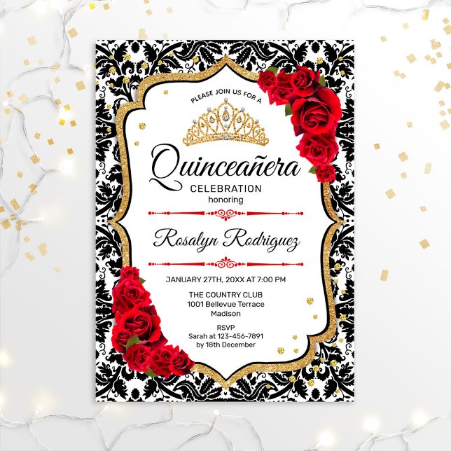 Invitation Quinceanera - Damask Red Gold (Créateur téléchargé)