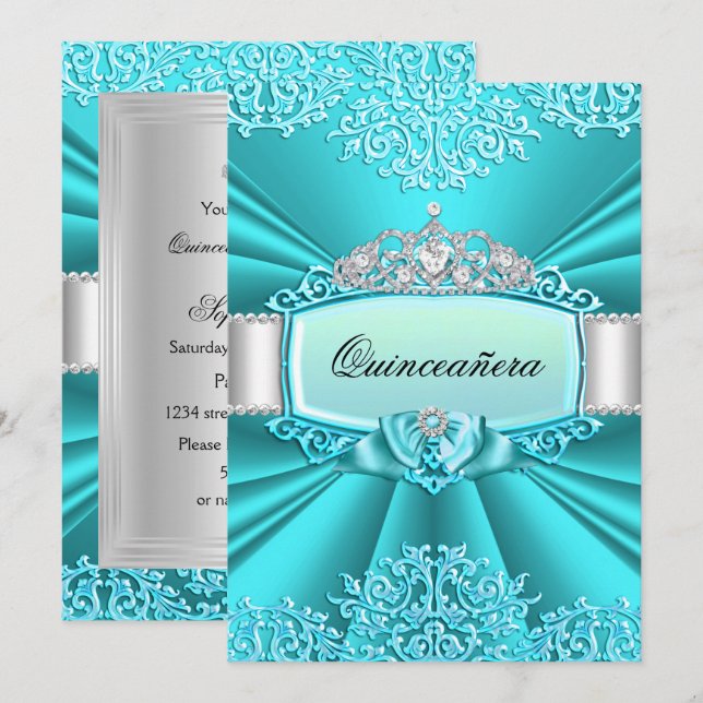 Invitation Quinceanera Damask Tiara Sarcelle (Devant / Derrière)