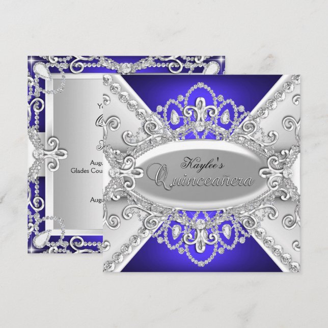 Invitation Quinceanera Damassé Diamant Argent & Bl (Devant / Derrière)