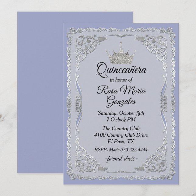 Invitation Quinceanera d'argent orné et de couronne bleu ardo (Devant / Derrière)