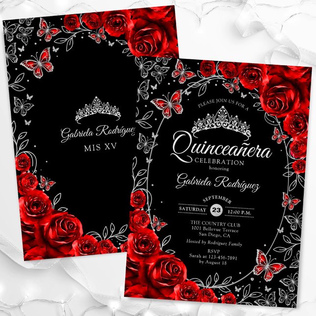 Invitation Quinceanera d'argent rouge noir (Créateur téléchargé)