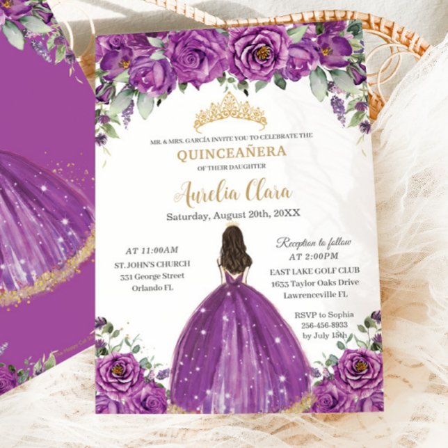 Invitation Quinceañera Dark Magenta Purple Floral Princesse (Créateur téléchargé)
