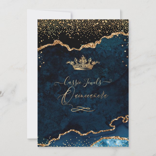 Invitation Quinceanera Dark Turquoise Agate Faux Gold Confett (Devant)