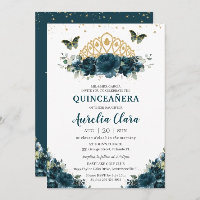 Invitation Quinceañera Dark Turquoise Floral Papillons Couron (Devant / Derrière)