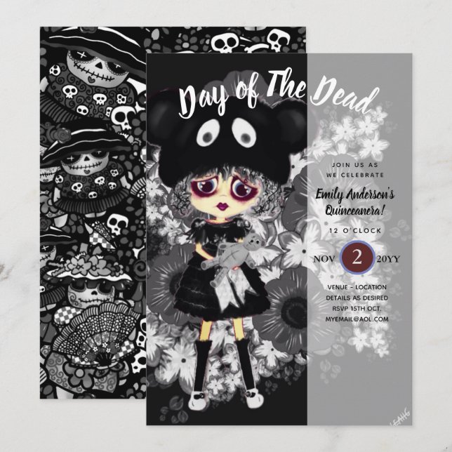 Invitation Quinceanera Day of Dead GOTH Girl Sugar Skulls (Devant / Derrière)