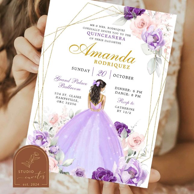 Invitation Quinceanera de couronne royale géométrique violet  (Créateur téléchargé)