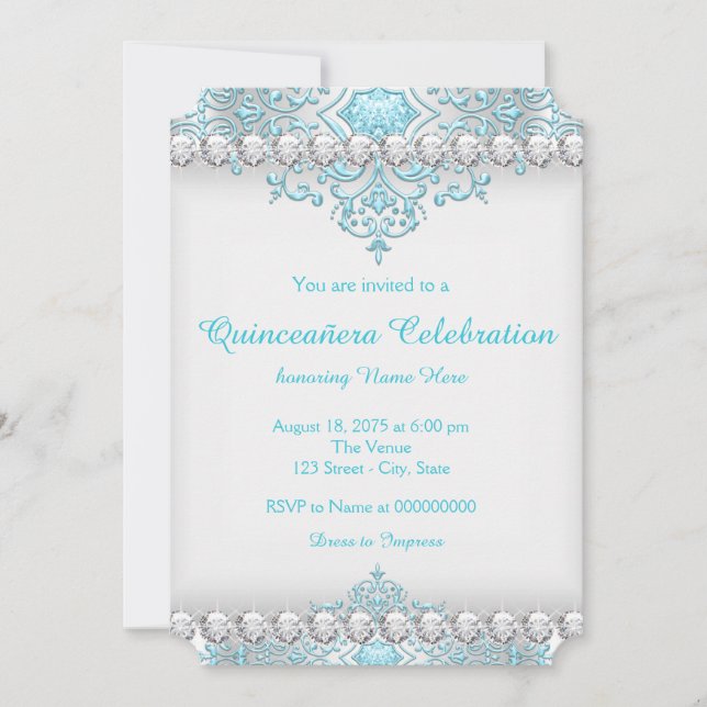 Invitation Quinceanera de diamants turquoise et argent (Devant)