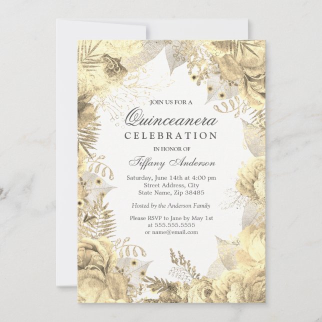Invitation Quinceanera de feuille d'or floral (Devant)